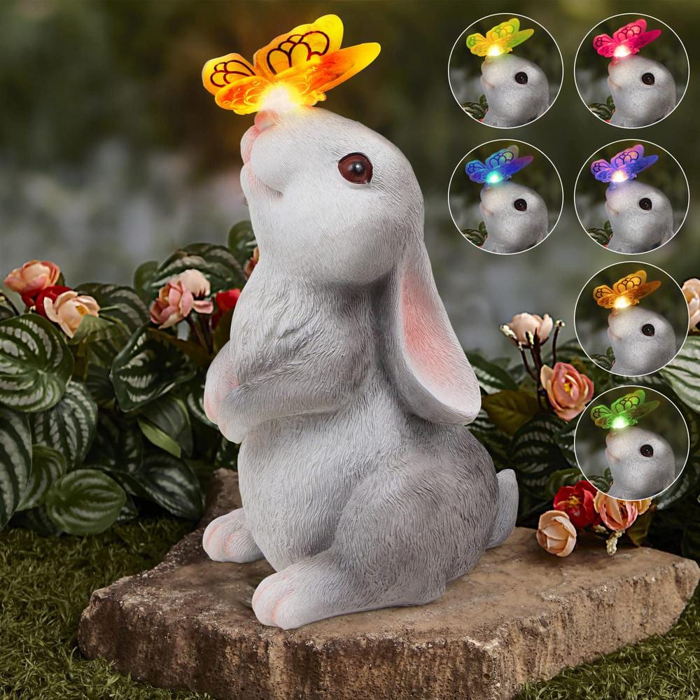 Gray Resin Rabbit with Solar Butterfly Garden Statue