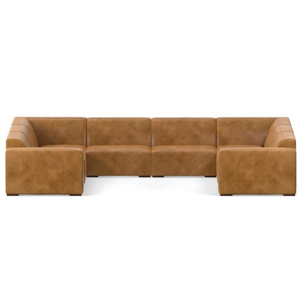 Simpli Home Rex U-Shaped Modular Sectional Sofa in Genuine Leather