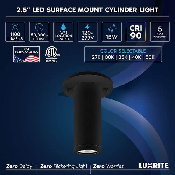 2.5 In. 1 Light Black Cylinder Integrated LED Hardwired Surface Mount Spotlight, 5CCT, 1100LM, 15W, Dimmable, ETL Black