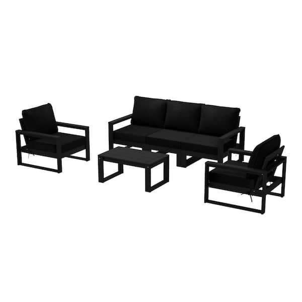 WESTIN OUTDOOR Endless Black Frame Black Cushions 6-Piece HDPE Plastic Outdoor Patio Conversation Deep Seating Set