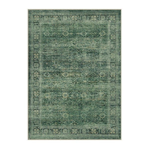 Oasis Secret Green 9 ft. x 12 ft. Distressed Vintage Floral Area Rug