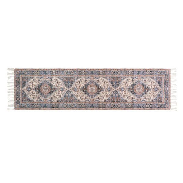 Jessica Simpson Chinille Fringe Machine Washable Blue/Rust 2 ft. x 8 ft. Medallion Runner Rug
