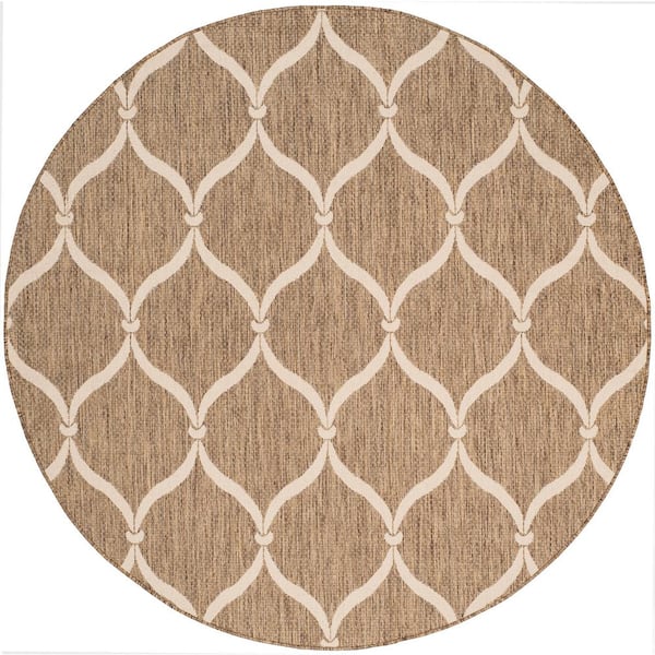 Courtyard Brown/Beige 7 ft. Round Trellis Indoor/Outdoor Area Rug