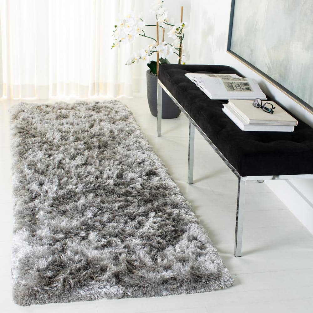 Luxurious Silver Hand-Tufted Shag Runner Rug, 2'3" x 10'