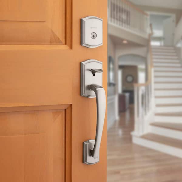 Prescott Satin Nickel Single Cylinder Entry Door Handleset with Tustin Handle Featuring SmartKey Security