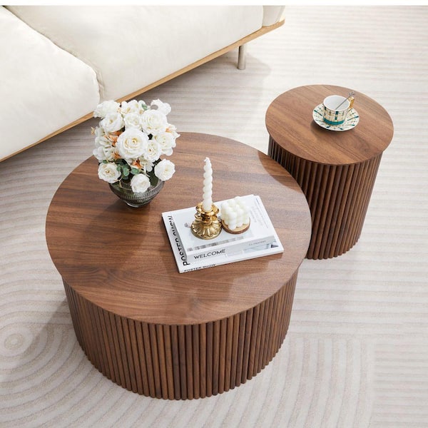 ATHMILE Large and Small 17.72 in. H Walnut Round MDF Wavy Coffee