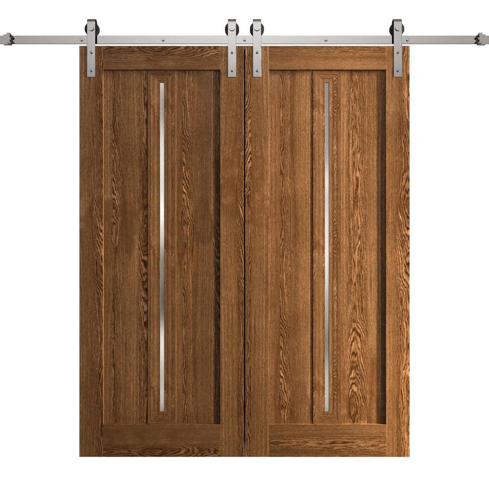 Assemble Required 64 in. x 80 in. Frosted Glass Cognac Oak Solid Wood Double Barn Door Slab With Hardware price history on PriceWatchPro