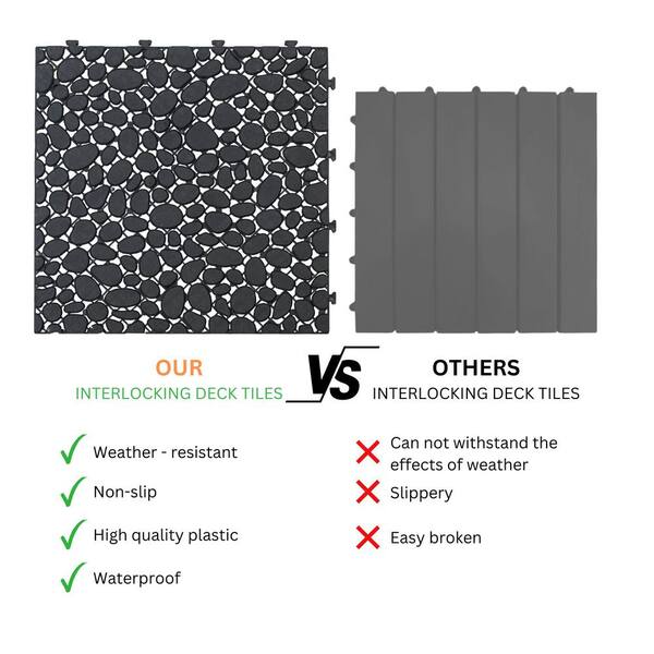 LIVIZA 1 ft. x 1 ft. Anti-Slip Plastic Deck Tile in Black (24-Piece), Pebble Stone Pattern