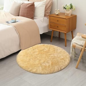 Sheepskin Faux Furry Pale Yellow Cozy Rugs 3 ft. x 3 ft. Round Area Rug