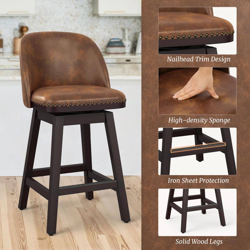 Whiskey Brown Faux Leather Swivel Counter Stools with Wood Legs, Set of 4