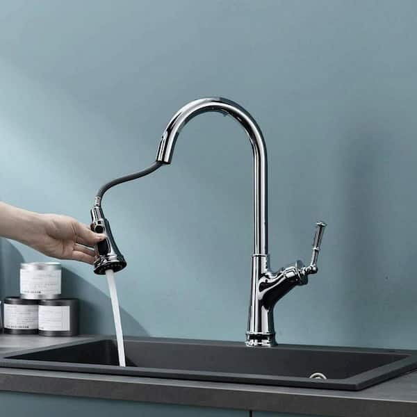 17.99 in. Single Handle Stainless Steel 360 ° Spout Swive High Arc Pull Down Sprayer Kitchen Faucet in Chrome