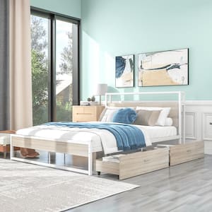 62 in. W White Metal Queen Size Platform Bed Frame With Two Drawers, Queen Metal Bed Frame With Sockets and USB ports