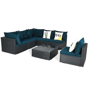 Peacock Blue Wicker 7-Piece Patio Conversation Sectional Seating Set with Peacock Blue Cushions