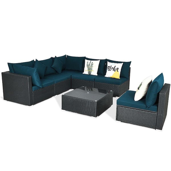 Costway Peacock Blue Wicker 7-Piece Patio Conversation Sectional Seating Set with Peacock Blue Cushions