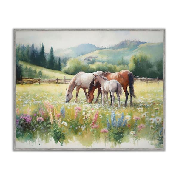 Horses in Spring Meadow by Ramona Murdock Gray Framed Giclee Art Print Animal 24 in. x 30 in.