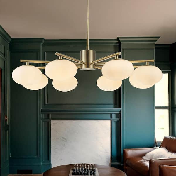 ALOA DECOR 8-Light W 32 in. Antique Brass Mid Century Modern Opal Glass Chandelier Classic Globe Pendant Light For Dining Room