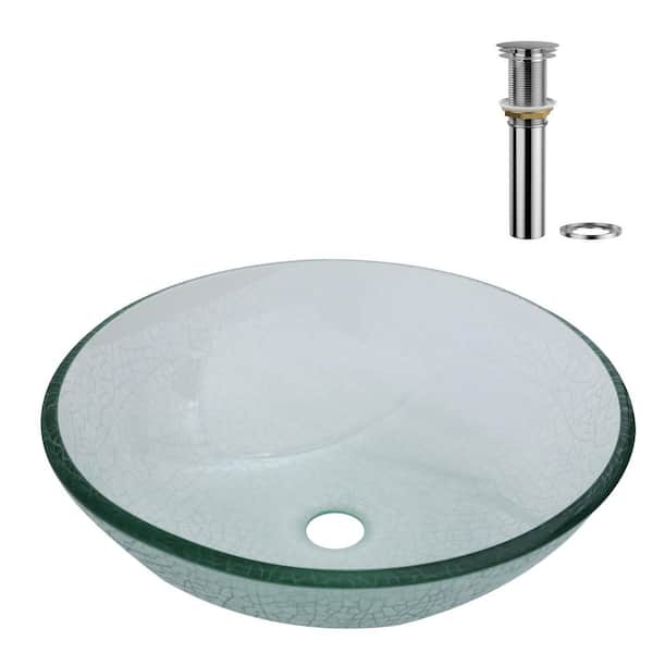 16-1/2 in. Clear Crackle Glass Round Vessel Bathroom Sink with Chrome Pop-up Drain