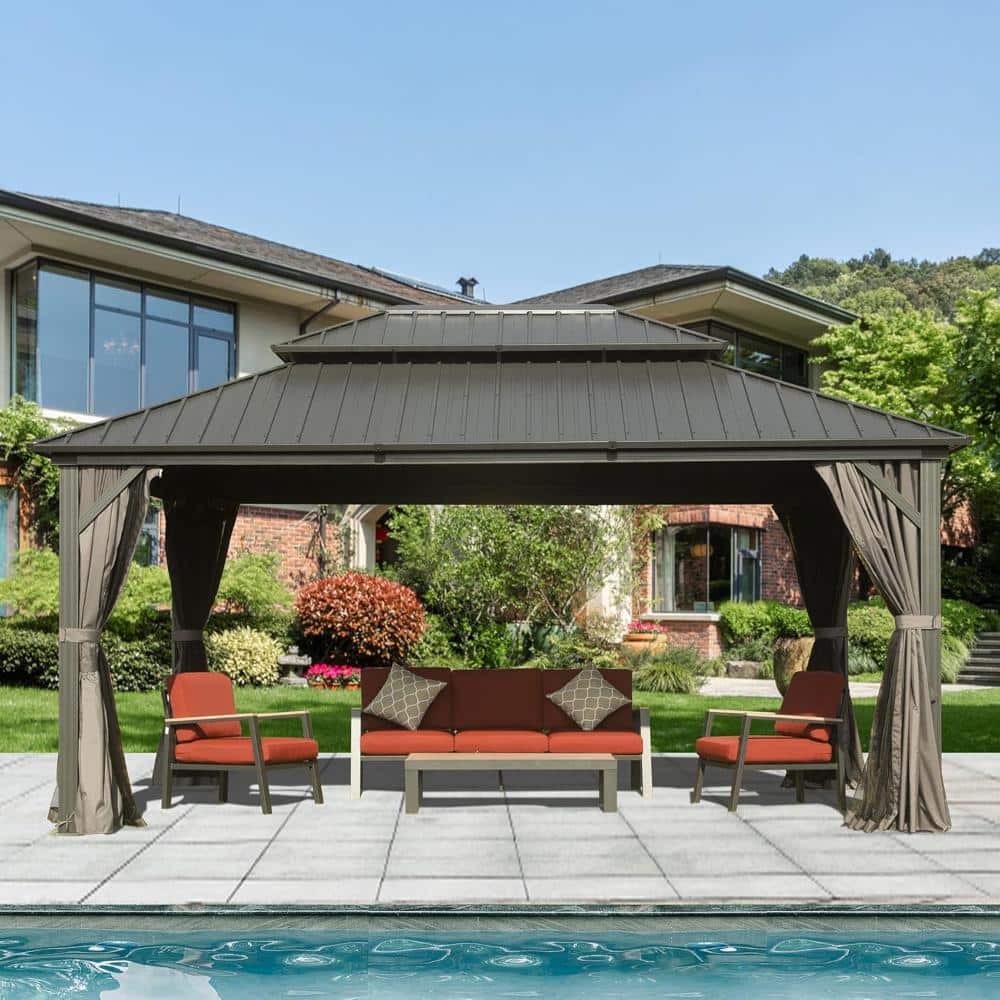 10 ft. x 14 ft. Gray Hardtop Gazebo with Galvanized Steel Roof, Curtains and Netting for Party Wedding price history on PriceWatchPro