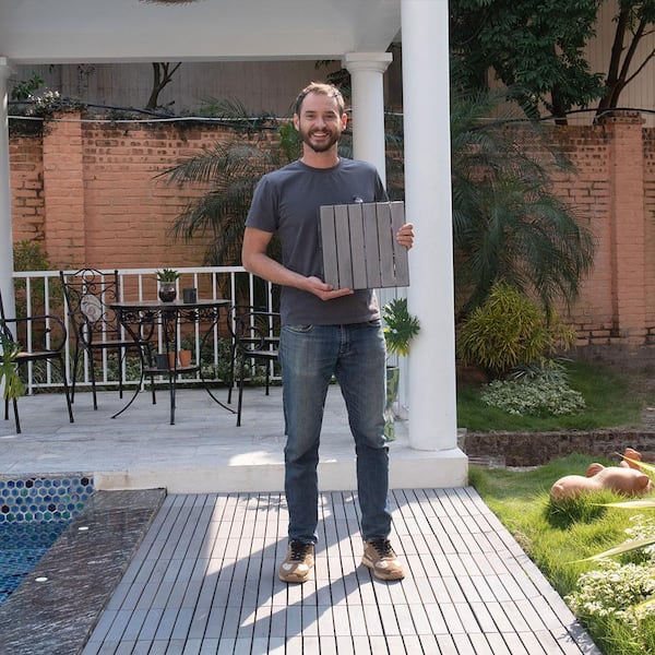 Afoxsos 1 ft. x 1 ft. Light Grey Wood Interlocking Deck Tiles Striped Pattern All-Weather for Patio, Balcony Pool Side (30-Pack)
