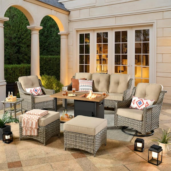 HOOOWOOO Denver 7-Piece Wicker Outdoor Patio Conversation Sofa Set with Swivel Chairs, a Storage Fire Pit and Beige Cushions