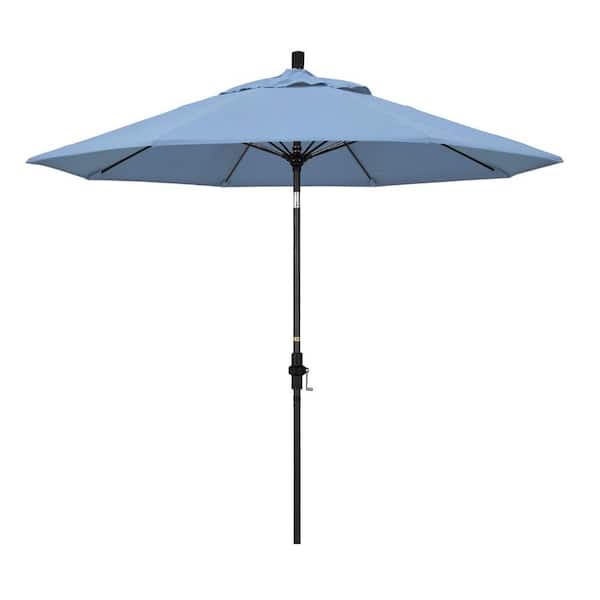 California Umbrella 9 ft. Matted Black Aluminum Market Patio Umbrella with Fiberglass Ribs Collar Tilt Crank Lift in Air Blue Sunbrella