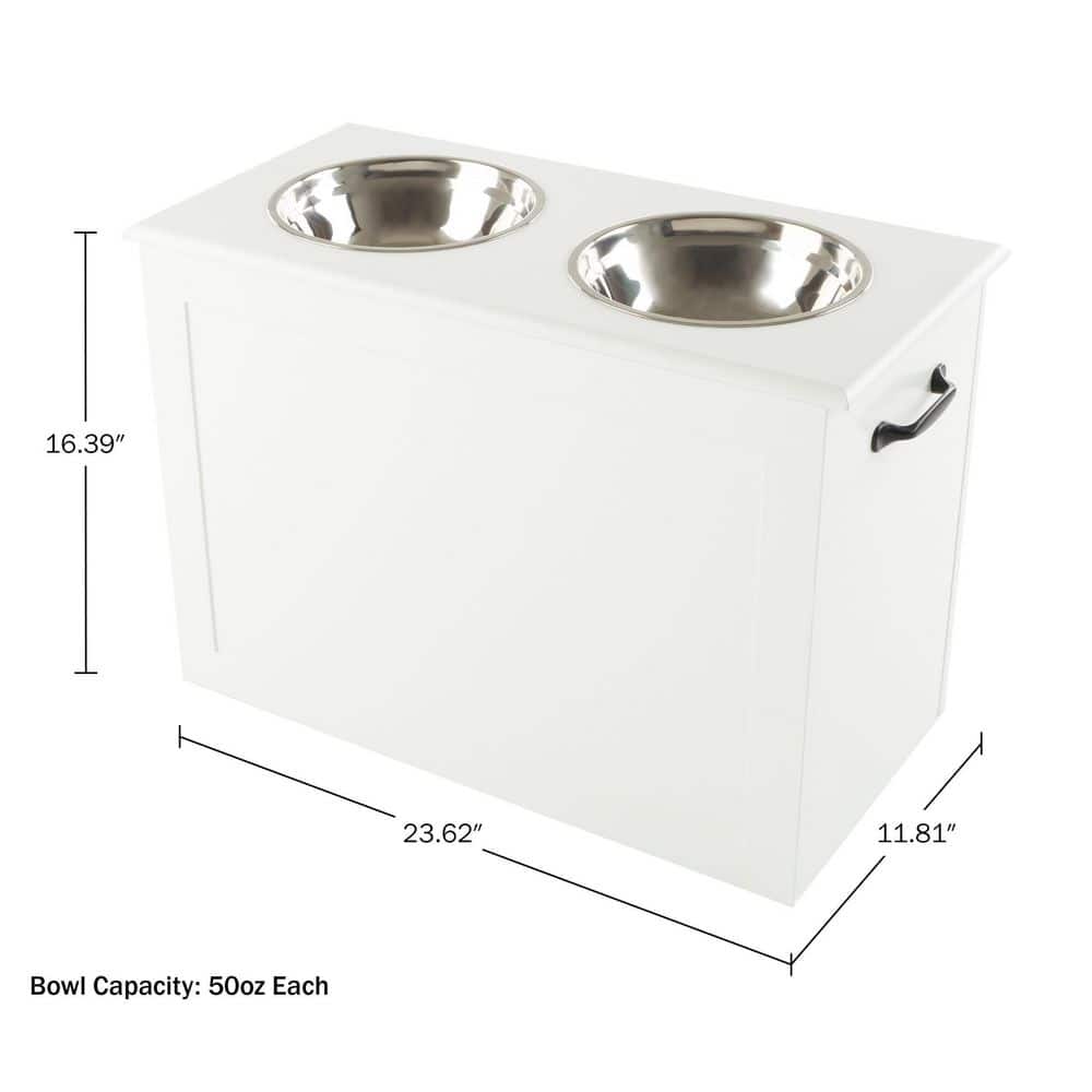 White Elevated Dog Bowls with Hidden Storage and Stainless Steel