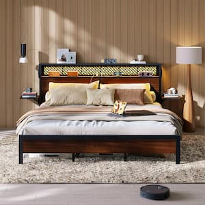 Walnut Metal Frame Queen Platform Bed with Wood Storage Headboard Charge Station and Foldable Bedside Shelf and LED