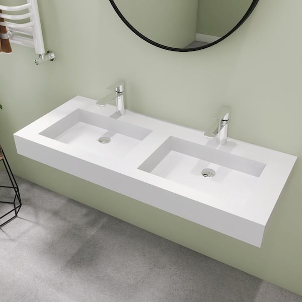 47 in. Wall Mount Rectangle double Vessel Sink with Faucet Hole, Solid Surface Bathroom Vessel Sink