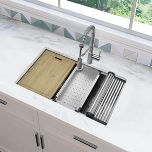 Professional Zero Radius 30 in. Undermount Single Bowl 16 Gauge Stainless Steel Workstation Kitchen Sink with Faucet