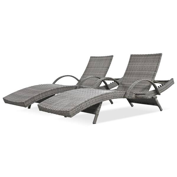 Sudzendf Gray Wicker Outdoor Chaise Lounge Chairs Set of 2, Patio Rattan Reclining Chair Pull-out Side Table