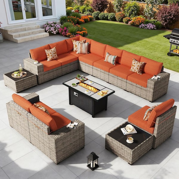 Aero Cane 13 Pieces Wicker Outdoor Patio Rectangular Fire Pit Set with Orange Red Cushions