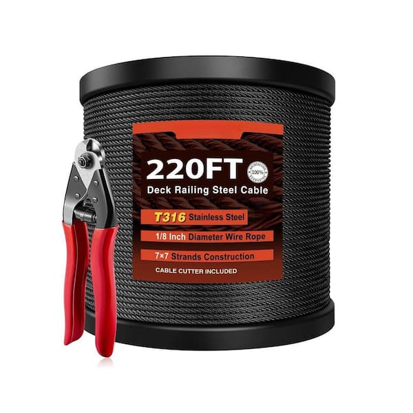 Marine Grade Stainless Steel Wire Rope for Cable Railing System 7 x 7 Strands 1/8 Black Finish with Wire Cutter 220 ft.