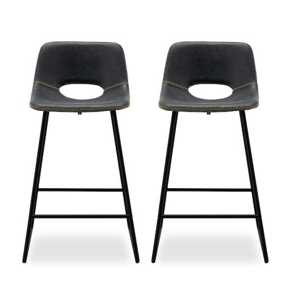 LUE BONA 24 in. Black Low Back Metal Frame Counter Height Bar Stools with Faux Leather Seat 33 in. H (Set of 2)