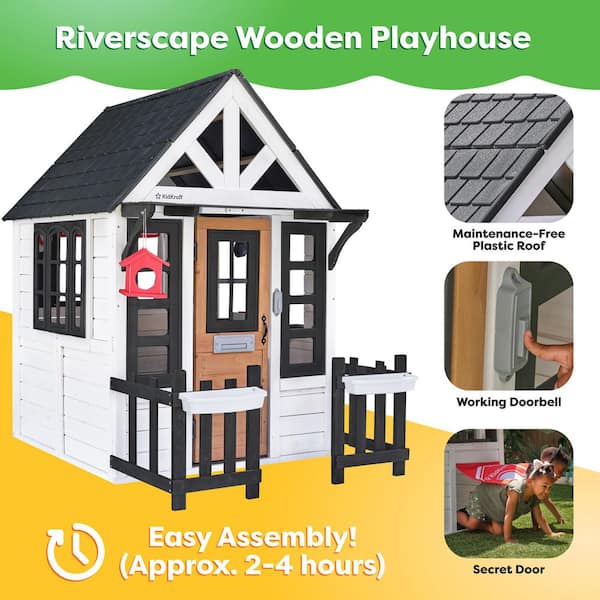 Riverscape Outdoor Wooden Playhouse with Working Doorbell, Fence, Kitchen, and Pet Door-White