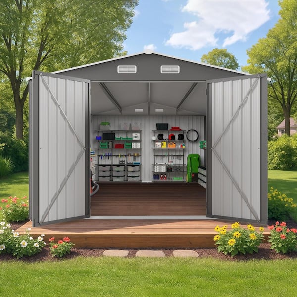 10 ft. W x 14 ft. D Gray Metal Outdoor Storage Shed with 3-Lockable Doors and Clear Window (130 sq. ft.)