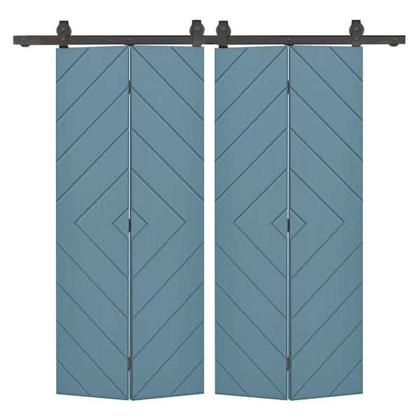 Diamond 56 in. x 80 in. Dignity Blue Painted MDF Modern Bi-Fold Double Barn Door with Sliding Hardware Kit