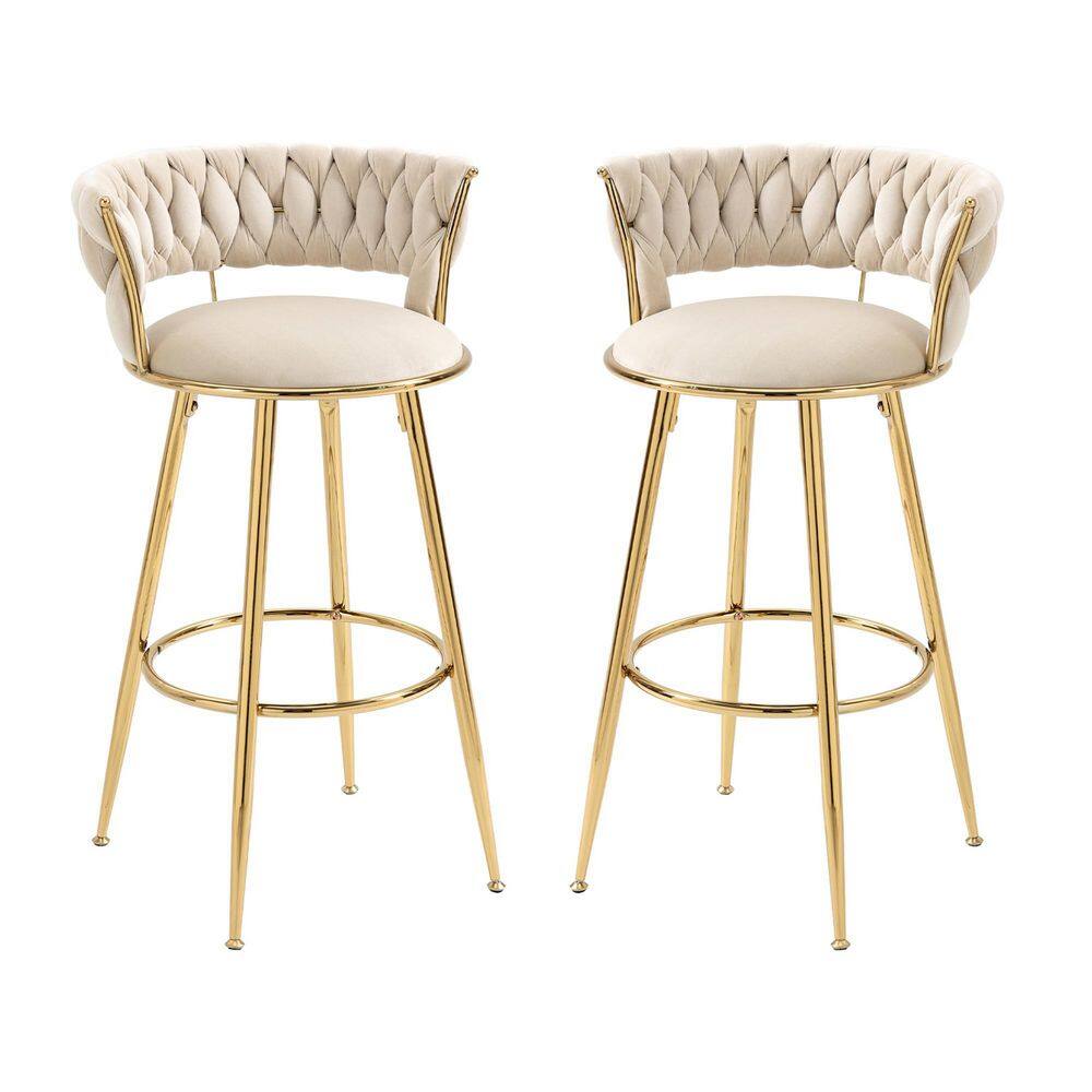 HOMEFUN 35 in. Ivory Velvet Metal Frame Cushioned Bar Stool with Gold