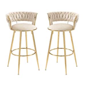35 in. Ivory Velvet Metal Frame Cushioned Bar Stool with Gold Metal Legs (Set of 2)