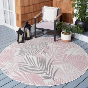 Courtyard Ivory/Pink 7 ft. x 7 ft. Abstract Leaf Indoor/Outdoor Patio  Round Area Rug