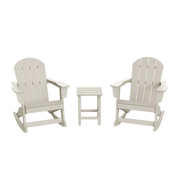 Laguna 3-Piece Fade Resistant Outdoor Patio HDPE Poly Plastic Adirondack Rocking Chairs and Side Table Set, Sand