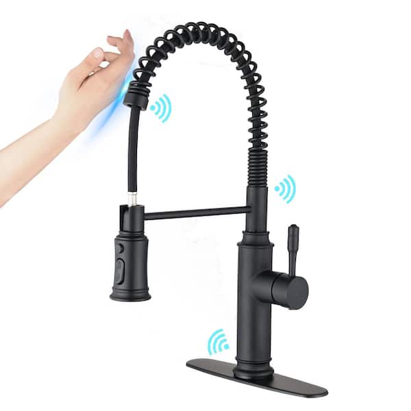 Single-Handle Touch Deck Mount Gooseneck Pull Down Sprayer Kitchen Faucet in Matte Black