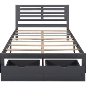 Gray Full Size Platform Bed Frame with Drawers, Wood Kids Platform Bed Frame with Headboard, No Box Spring Needed