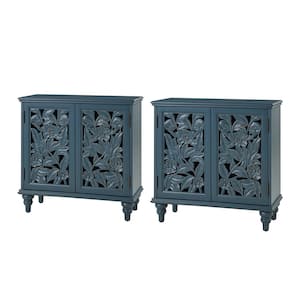 Dimitri Blue Traditional 32 in. Tall 2 Hollow Door Accent Display Cabinet with LED Light Set of 2