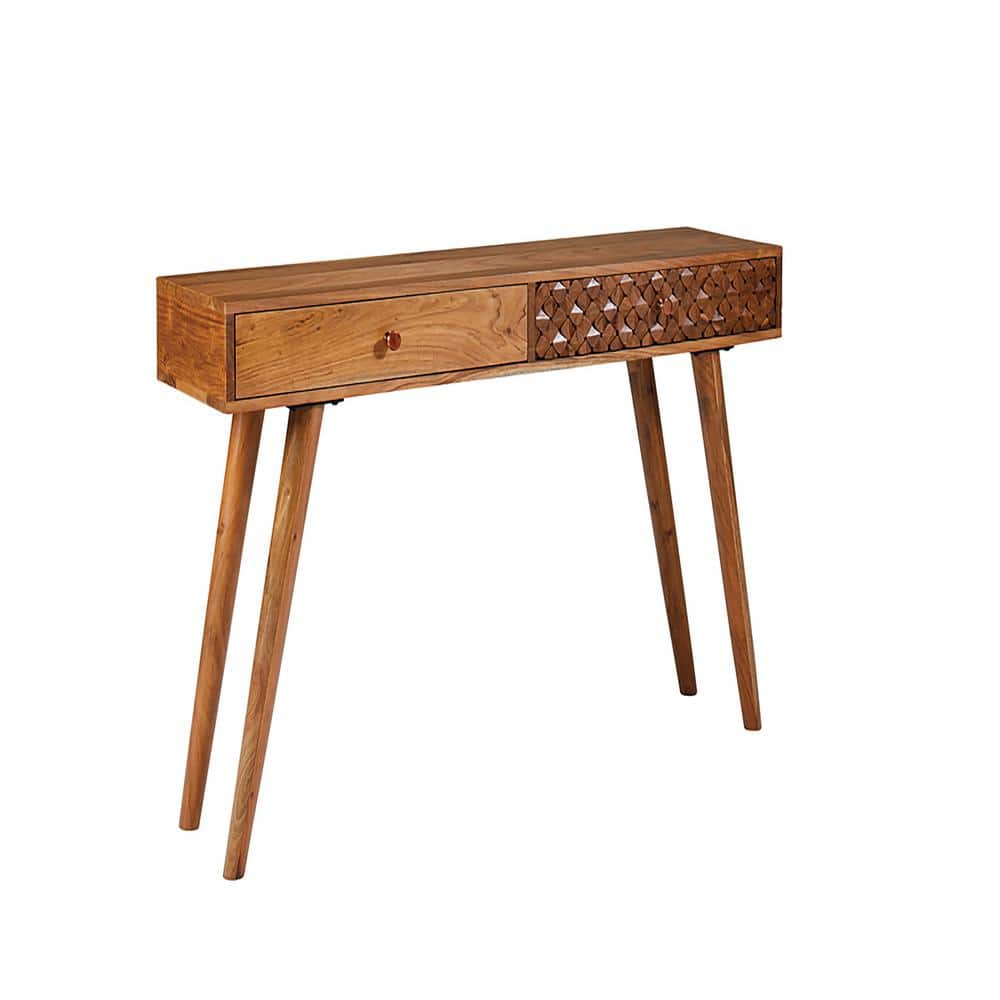 Natural Brown Acacia Wood Rectangular Console Table with Storage