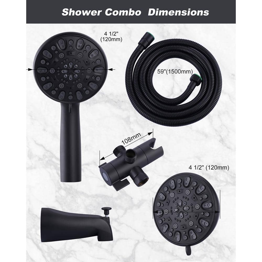 Matte Black Dual 2-In-1 Round 7-Spray Tub and Shower Faucet