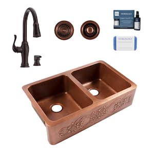 Ganku 36 in. Farmhouse Apron Undermount Double Bowl 16 Gauge Antique Copper Kitchen Sink with Maren Bronze Faucet Kit