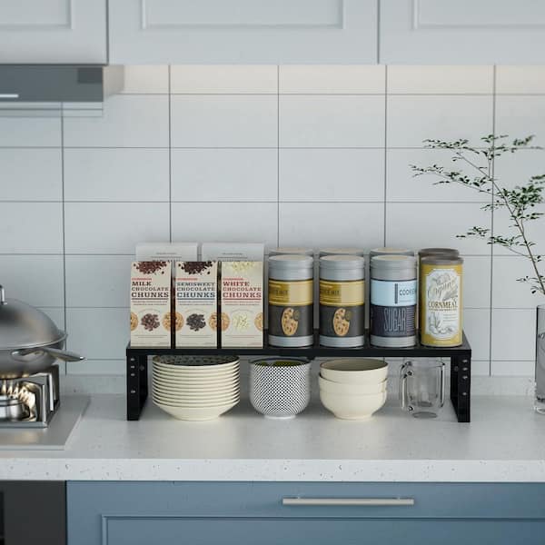 1-Shelf Black Expandable Stackable Adjustable Shelf Organizer for Kitchen Pantry Cabinet Desktop with Hole