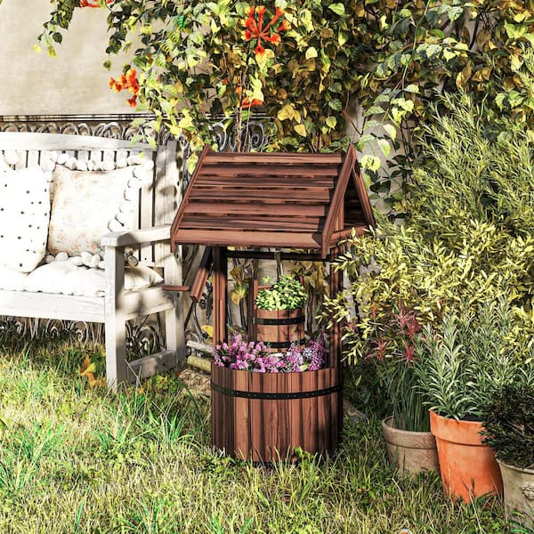 Outsunny - Wishing Well for Outside, Wood Wishing Well Planter with Hanging Bucket, Decorative Planter, Carbonized