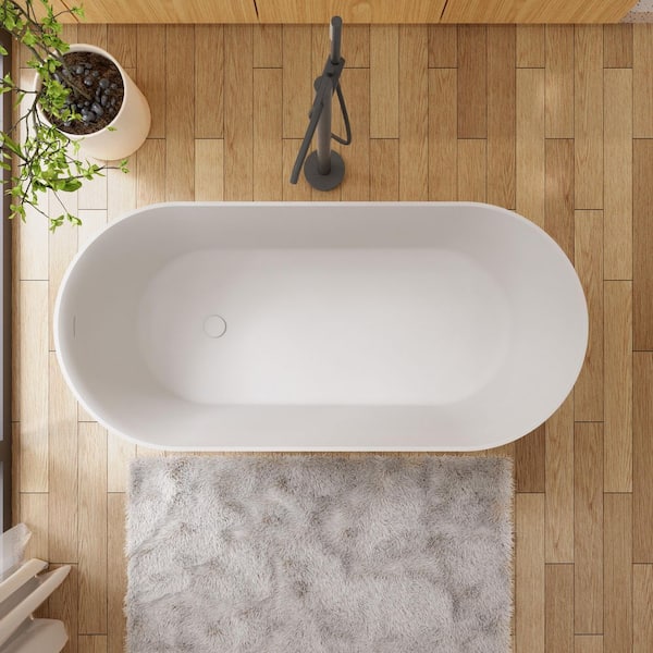 Foyil 55 in. x 28 in. Solid Surface Stone Resin Flatbottom Freestanding Bathtub Soaking Bathtub in Matte White