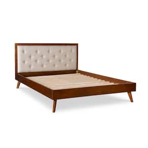 Ames Mid Century Walnut Brown Wood Frame Queen Platform Bed with Oatmeal Tufted Headboard
